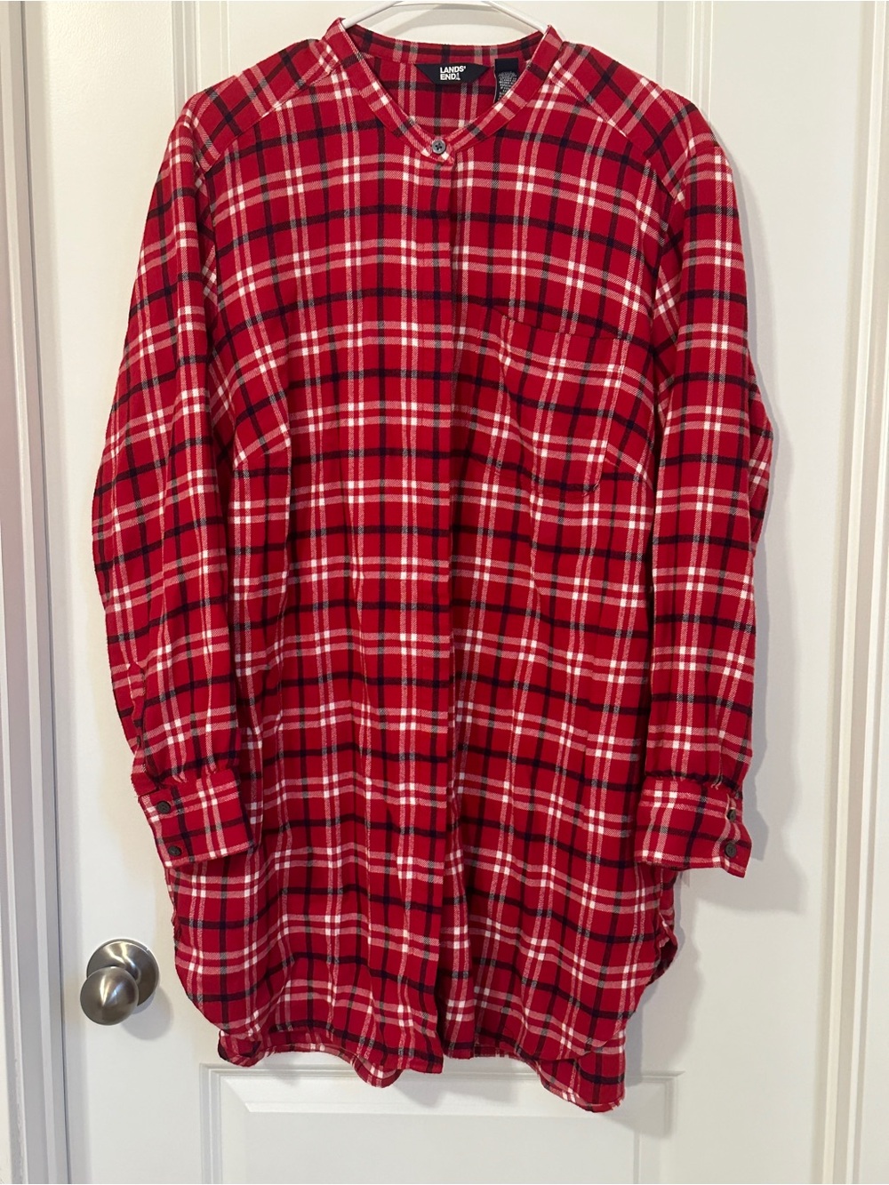 Lands End Flannel Nightshirt Size 1X Red Plaid Pockets Button 100% Cotton